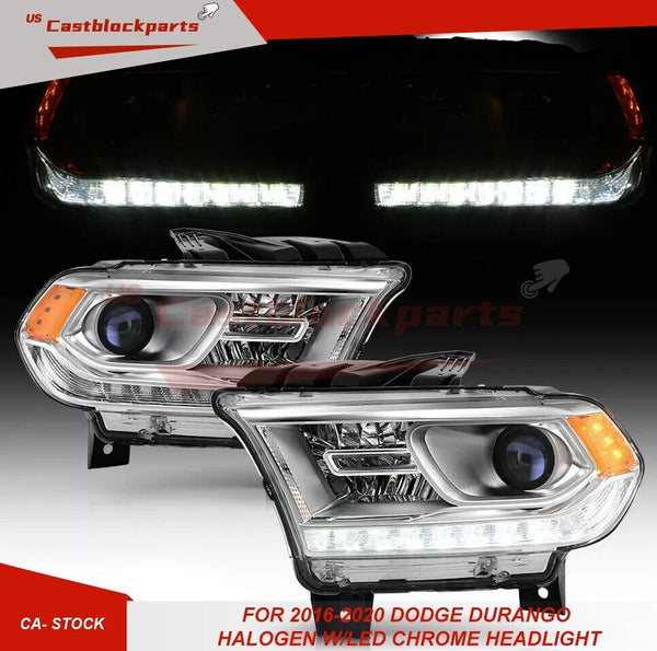 For 16-20Dodge Durango Driver+Passenger Side Halogen W/LED DRL CHROME Headlights