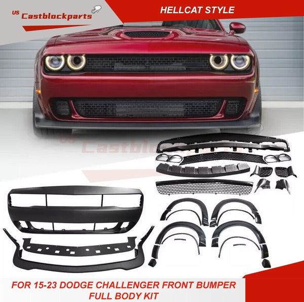 Fits 15-23 Dodge Challenger Hellcat Style Front Bumper + Lip + Fender Flares NEW