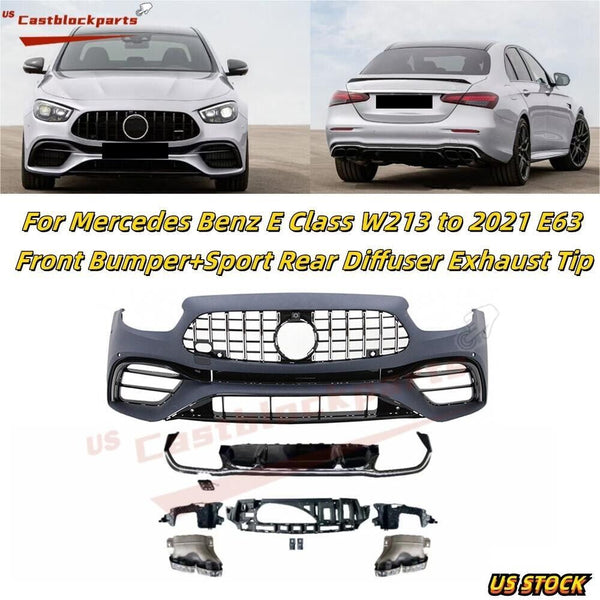 For Benz E Class W213 to 21 E63 Front Bumper+Sport Rear Diffuser Exhaust Tip