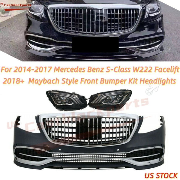 For 13-17 Mercedes S-Class Modified to 18+ Maybach Style Front Bumper+Headlights