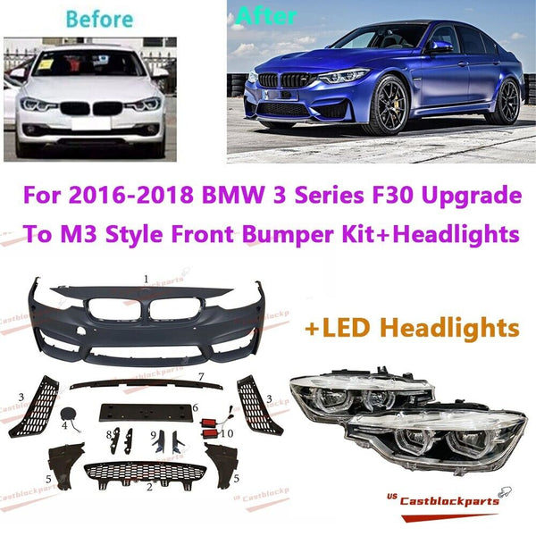 For 16-18 BMW 3 Series F30 Upgrade To M3 Style Front Bumper Kit+Headlights L+R