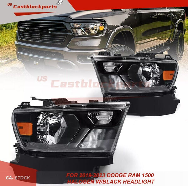 Pair For 2019-2023 Dodge Ram 1500 Black Halogen Headlights Headlamps Left&Right