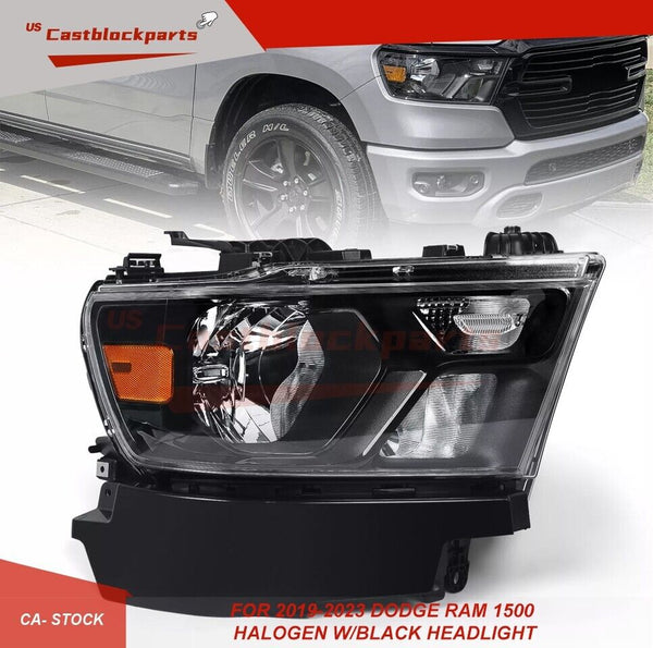 For 2019-2023 Dodge Ram 1500 Black Halogen Headlight Headlamp Passenger Side