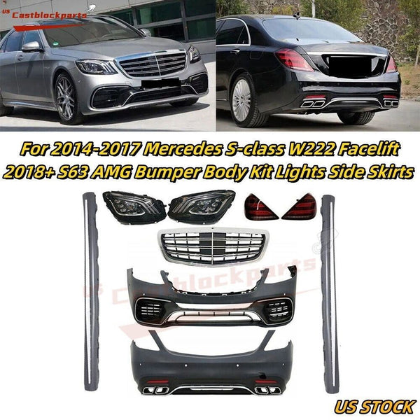 For 14-17 Mercedes S-class W222 Upgrade 18+ S63 AMG Bumper Kit Light Side Skirts