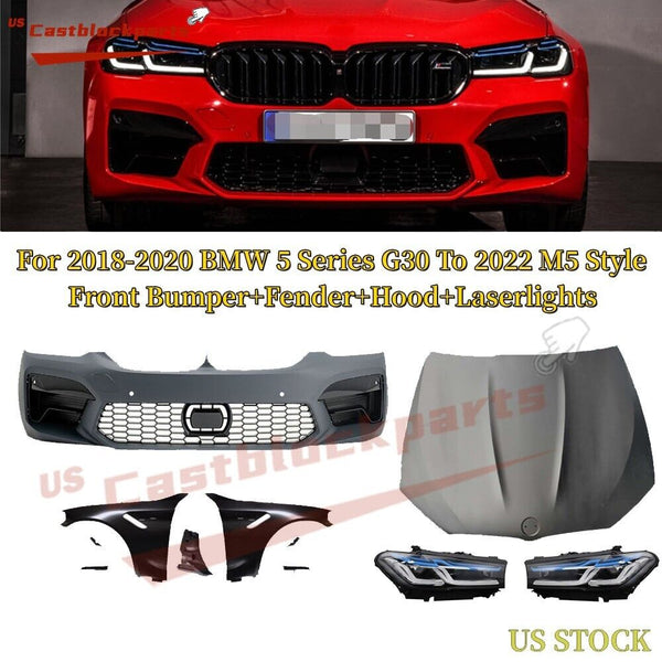 Fit 18-20 BMW 5 Series G30 To 2022 M5 Style Front Bumper+Fender+Hood+Laserlights