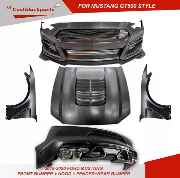 for 2018-2020 Ford Mustang GT 500 Style Front + Rear Bumper + Hood + Fenders NEW